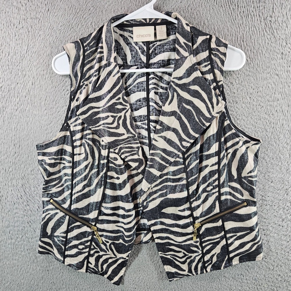 Chico's Zebra Print Linen Blend Metallic Vest Size 1 Medium Black Beige Zip